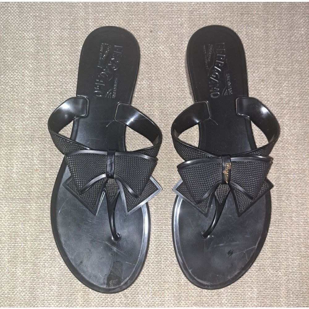 Salvatore Ferragamo Jelly Flip Flop Black Bow Tie‎ Sandals Size 6